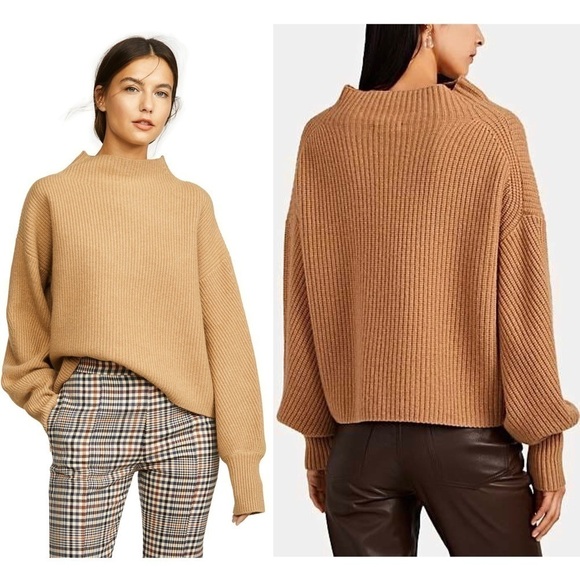 ALC Wool Cashmere Ribbed Knit Oversized Balloon Sleeve Boxy Mockneck Sweater XL - Picture 6 of 16